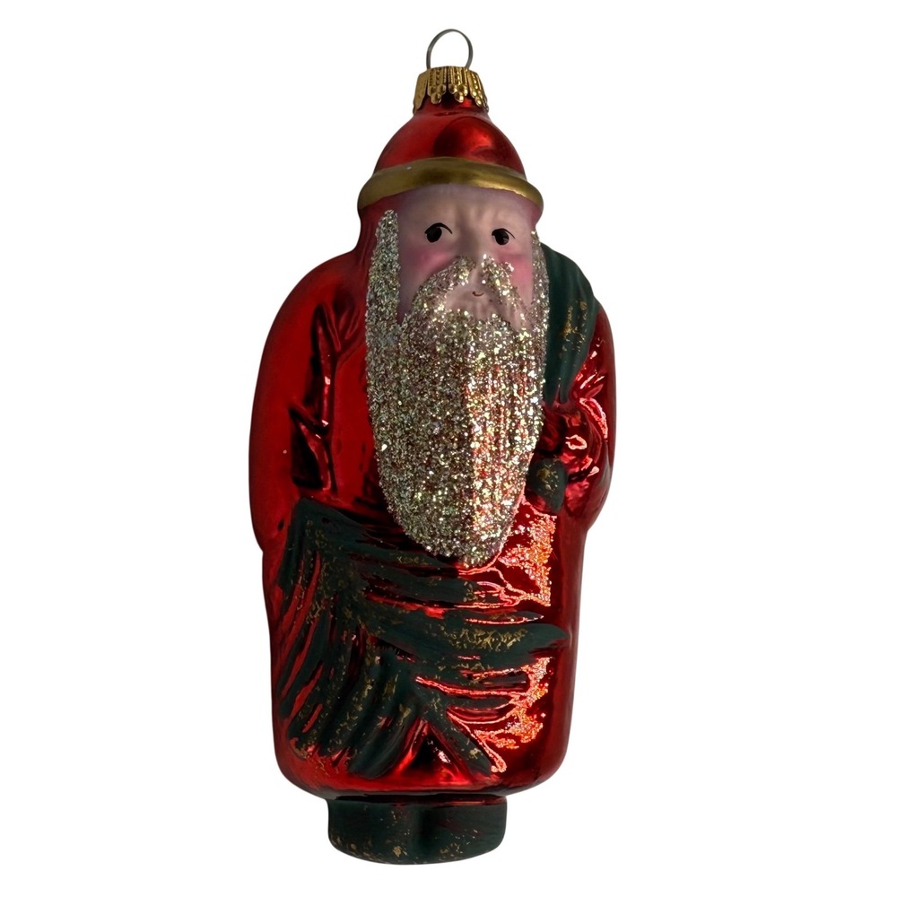 Vintage Hand Painted Glass Santa Claus Ornament Glitter Beard Mercury Red